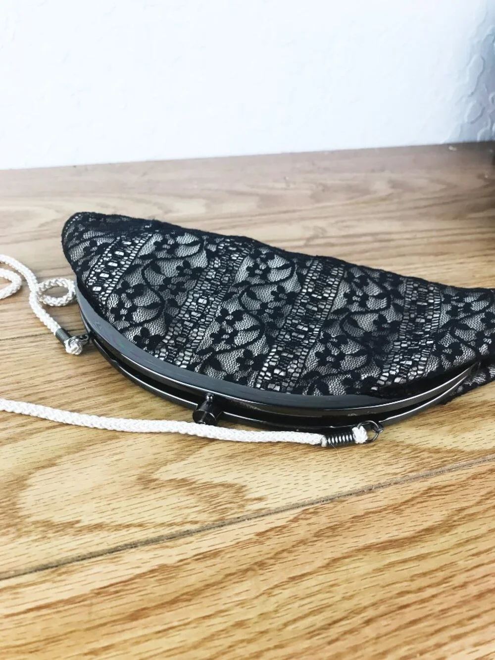 Ken Lady Black Lace Evening Clutch – Champagne Satin, Gunmetal Frame & Cord Stra